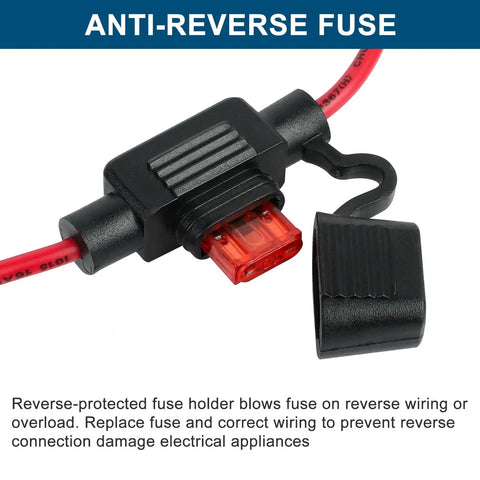 Anti-reverse fuse holder with red wiring, part of the 12V To 24V Boost Converter 3A Waterproof Power Module electrical protection system.