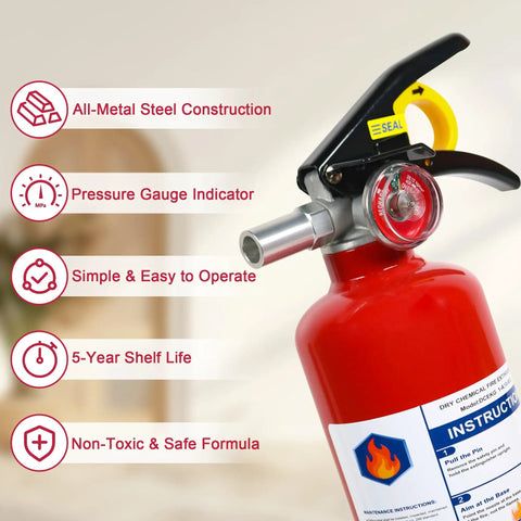 Six Pack Of Tough As Nails 2 Point 5 Lb Abc Dry Powder Fire Extinguishers With Snappy Quick Release Handles For Instant Home Kitchen Car Rv And Office Flame Control - Close-up of extinguisher showing metal construction and pressure gauge.