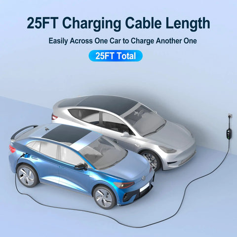 Two electric cars connected by a 25 ft cable using Beefy 40 Amp Level 2 EV Charger With 9.6 KW Fast Charging Portable 25 Foot Cable.