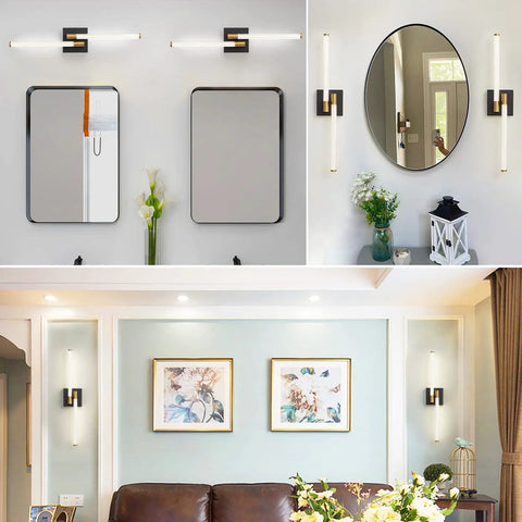 Black And Gold Slick Vanity Lights For Bathroom 30 Inch LED Vanity Lighting Fixtures With Acrylic Striped Shade Modern Home Bath Lighting For Bedroom And Living Room illuminating mirrors and artworks in various rooms.