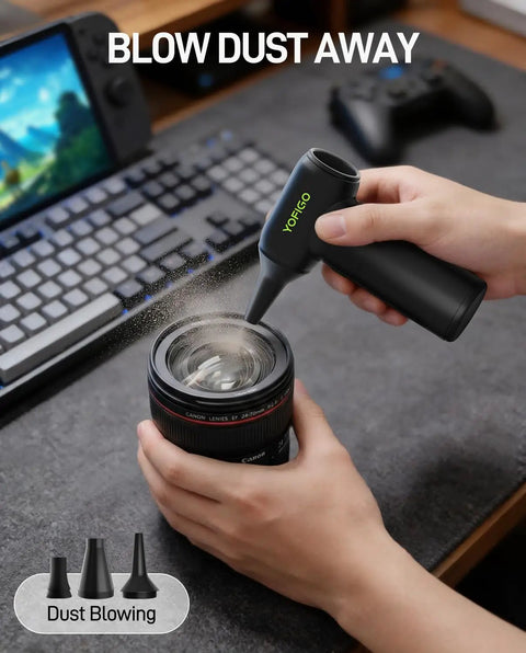 Person using Ultra Fast Air Duster Pro For Drones And Cameras, 150000 RPM Electric Blower For Gear Maintenance on camera lens