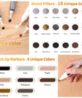 Ultimate Diy Friendly Wood Floor Scratch Repair Kit with 18 wood fillers, 8 markers showing color options for wood restoration