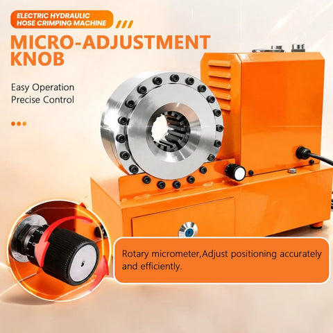 Top Notch Portable Electric Hydraulic Hose Crimper Machine With Limit Switch And Updated Housing showing micro-adjustment knob for precise control.