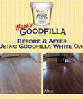 Before and after image of hardwood floor using Red Oak Wood Filler 8 Oz For Stainable Tintable And Sandable Finishes Zero Waste.