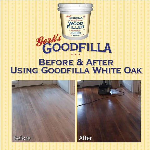 Before and after image of hardwood floor using Red Oak Wood Filler 8 Oz For Stainable Tintable And Sandable Finishes Zero Waste.