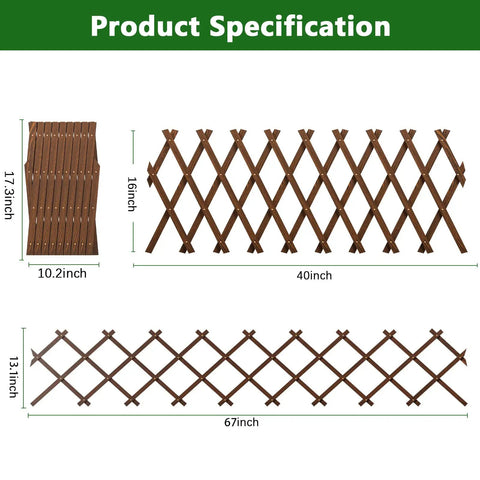 Expandable Garden Trellis For Climbing Plants Outdoor Adjustable Wooden Lattice Fence Panel 13.1 Inches By 67 Inches No Tool Needed EZ Install Roses Vines Ivy Clematis Cucumbers And More, shown in folded and expanded views with dimensions.