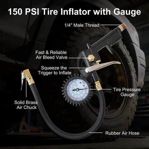 150 PSI tire inflator gauge from 19 Piece Air Compressor Accessories Kit With 25 Foot Recoil Poly Hose 150 PSI Tire Inflator Gauge Heavy Duty Blow Gun And Nozzles Fittings Couplers Inflation Needles And More For Home And Garage Use