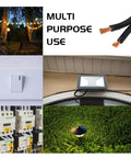 Collage showcasing 12 AWG 2 Conductor Low Voltage Landscape Wire For Outdoor Direct Burial, 100 Ft Length; lighting use in garden and home