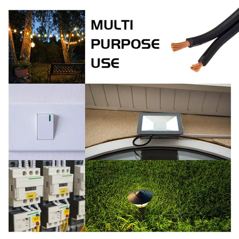 Collage showcasing 12 AWG 2 Conductor Low Voltage Landscape Wire For Outdoor Direct Burial, 100 Ft Length; lighting use in garden and home