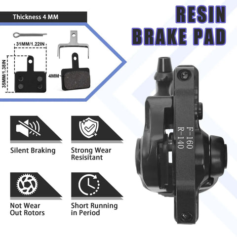 Hardcore Mechanical Mountain Bike Disc Brake Caliper Kit Paired With 160Mm Steel Rotors And Wear Resistant Resin Pads showing dimensions and features.