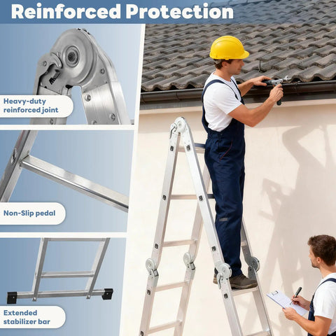 Lightweight Folding Ladder For Home And Outdoors Extendable A Frame Step Ladder With Sturdy Locking Joints Anti Slip Feet Stable Leaning And A Frame Modes Portable DIY Tool For Roof Garage Attic And More, aluminum A-frame ladder on roof repair