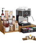All In One Coffee Station Organizer With K Cup Holder And 28 Cup Capacity, Rustic Brown with syrup rack and drawer loaded