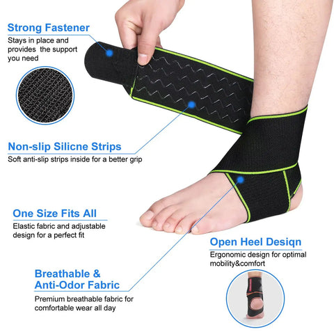 Person wearing breathable adjustable ankle support brace for basketball and running, highlighting features and fit.