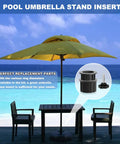Six Piece Patio Umbrella Base Hardware Kit Black Ring Plugs displayed beside a yellow umbrella at the beach.