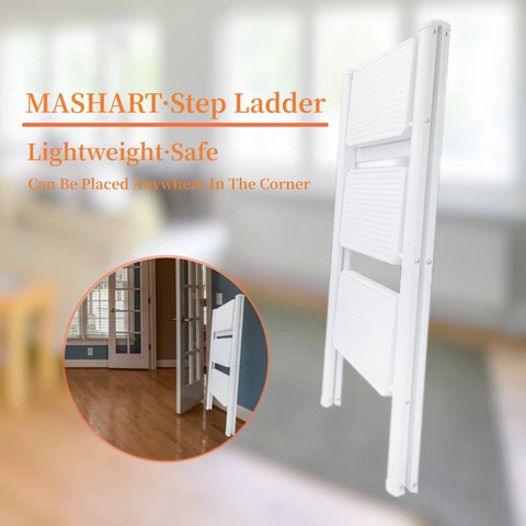 Heavy Duty Three Step Folding Ladder With Wide Non Slip Pedals 330 Lbs Load Capacity Lightweight Portable Step Stool folded flat, white