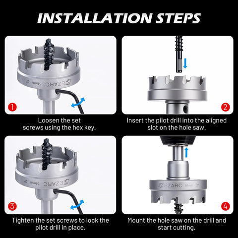 Heavy Duty Tungsten Carbide Hole Saw Kit With Pilot Bits And Hex Key installation steps for stainless steel and hard metals