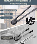 Heavy Duty Pet Strapping Kit With 1000 Foot Rolls And Tough Hand Tensioner showing durable handles and tensioning comparison.