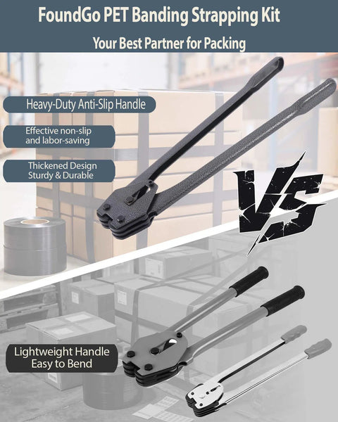 Heavy Duty Pet Strapping Kit With 1000 Foot Rolls And Tough Hand Tensioner showing durable handles and tensioning comparison.