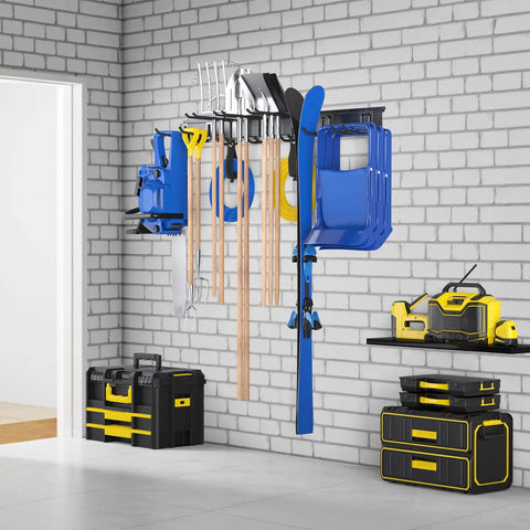 Rock Solid 48 Inch Wall Mount Tool Storage Rack Featuring Adjustable Rails And Beefy Double Layer Hooks For Heavy Duty Garage Organization No Sweat Setup And Broom Holder