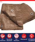 Stacked 20x40 ft brown tarp with grommets, labeled as Beefy Heavy Duty Poly Tarp Cover 20 By 40 Feet Waterproof Outdoor Tarpaulin Brown 5 Mil Thick With Aluminum Grommets Rot Resistant UV Protected Multipurpose Weatherproof Shelter For Cars Boats Furniture And Tools.