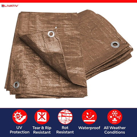 Stacked 20x40 ft brown tarp with grommets, labeled as Beefy Heavy Duty Poly Tarp Cover 20 By 40 Feet Waterproof Outdoor Tarpaulin Brown 5 Mil Thick With Aluminum Grommets Rot Resistant UV Protected Multipurpose Weatherproof Shelter For Cars Boats Furniture And Tools.