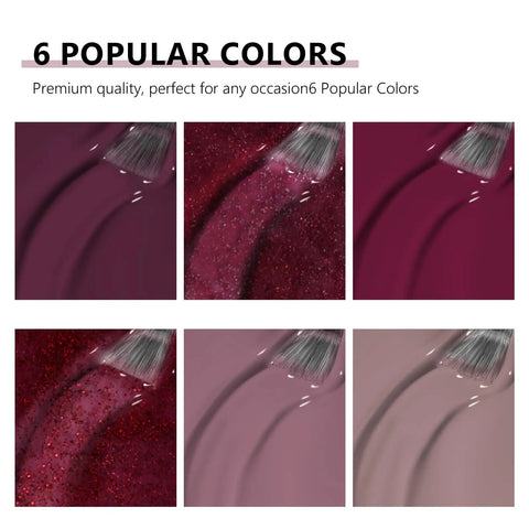 Six Color Gel Nail Polish Set With Christmas Shades Soak Off UV Gel Polish shown in brush strokes