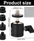 Flexible Ball And Socket Head Microphone Adapter Kit With Four Adapters, showing size dimensions and thread converters