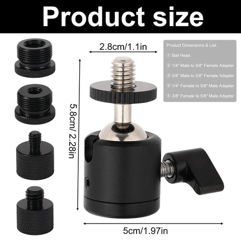 Flexible Ball And Socket Head Microphone Adapter Kit With Four Adapters, showing size dimensions and thread converters