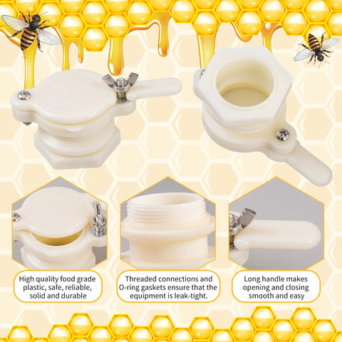 HunterBee honey gate valve, white plastic for 5-gallon bucket; front and side views with lever.