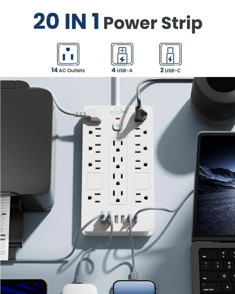 Power Strip Surge Protector With 14 Outlets And 6 USB Ports Including 2 USB C For Home Office Or Dorm, 6 Ft Flat Plug Extension Cord, 1850 Joules Surge Protection, ETL Listed, Overload Safe, Space Saving 14 Outlet Hub, white desk view