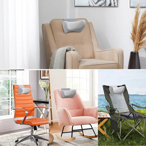 Ergonomic Neck Pillow For Recliners And Couches, Memory Foam Headrest Cushion That Hang Over Back Of Patio Arm Chair, shown in various chairs.