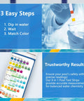 Easily Monitor Salt Levels pH Chlorine And Hardness With Zero Fuss Using These Top Shelf 150 Count Nine In One Pool Test Strips To Keep Your Backyard Oasis Swim Ready, showing testing steps.