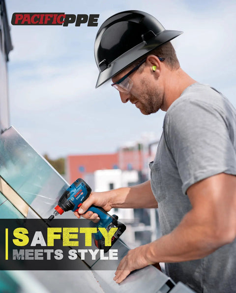 Worker wearing Full Brim Hard Hat For Construction OSHA Certified And ANSI Z89 Type 1 Class E G C Black Protective Safety Helmet with tool.