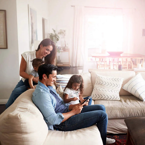 Family interacting with Wi Fi Connected Thermostat With Alexa And Google Assistant All In One Touch Screen Controller