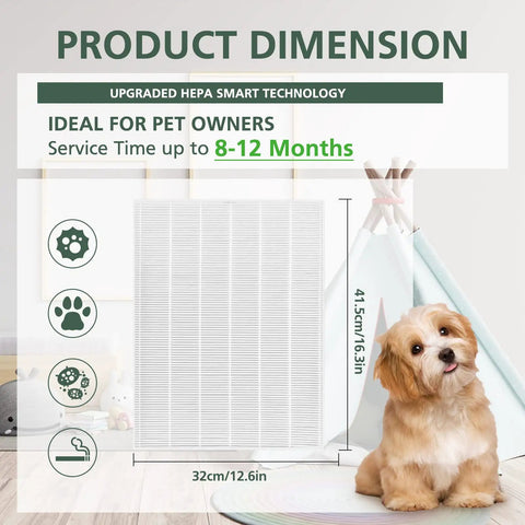 4 Pack HEPA Filter Replacement For 5500-2 And AM80 Air Purifiers Compatible With 116130 Filter H next to a dog