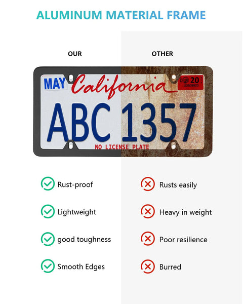 Comparison of Volvo License Plate Frames 2 Pack Matte Black Aluminum Slim Edge Car Tag Frame with other frame, highlighting durability features.