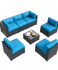 All Weather Wicker Outdoor Furniture Set, 7 Piece Sectional Sofas With Waterproof Cover, Rust Resistant Steel Frame, Patio Conversation Set, Peacock Blue