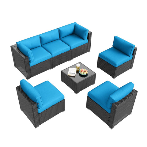 All Weather Wicker Outdoor Furniture Set, 7 Piece Sectional Sofas With Waterproof Cover, Rust Resistant Steel Frame, Patio Conversation Set, Peacock Blue