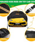 Heavy Duty Kids Ride On Car Cover For Universal Toy Cars And Electric Vehicles Waterproof UV Resistant Windproof With Reflective Strips And Buckles 420D Oxford Fabric Fits Go Karts Quads And Ride On Toys covering yellow toy car with features highlighted.