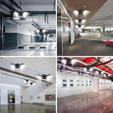 Beast Bright 6000 Lumen 6500K Daylight LED Garage Light With Foldable Three Panel Design 60W Ceiling Fixture illuminating various spaces