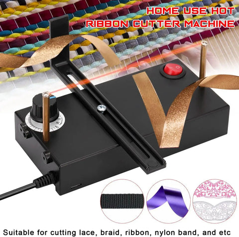 Heat Cutting Ribbon Cutter With Screwdriver Thermal Cutting Machine for DIY projects showing black unit with ribbon on cutter