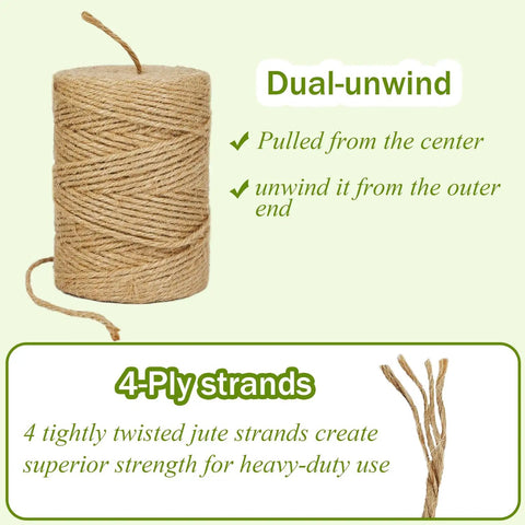 Heavy Duty Brown Jute Twine 328 Feet 2.5mm 4 Ply String showing dual-unwind feature and 4-ply strands