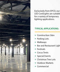 Worksite Ready 100 Ft LED String Lights For Construction Sites, Festivals, Markets And Outdoors, 5000K White Glow in warehouse