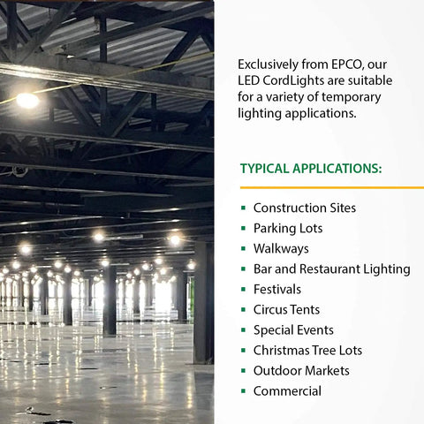 Worksite Ready 100 Ft LED String Lights For Construction Sites, Festivals, Markets And Outdoors, 5000K White Glow in warehouse