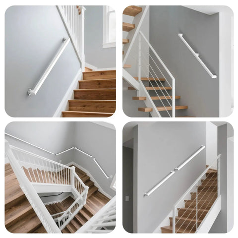 Six Foot White Square Tube Handrail With Super Grip Joints For Indoor Stairs And Wall Mounted Rails Featuring Heavy Duty Steel Build And Quick Diy Setup For Total Home Safety Plus Slick Clean Finish That Slides In Snug on indoor staircase.