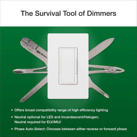 Maestro Pro LED Plus Tap Dimmer Switch For 250W LED, 500W ELV, white dimmer displayed with tools on green background