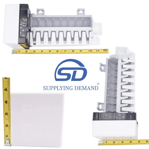 Model Specific Refrigerator Ice Maker Replacement That Fits 532 542 561 601F 632 And 642 Models So It Fits Right 8 Cube Ice Maker With Harness And Arm Included 120V SZ7002738 shown with measurements