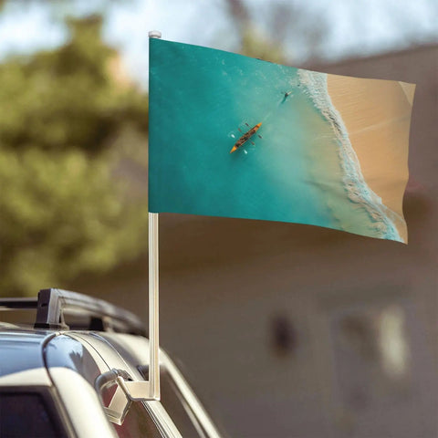 Rowing Team Car Flag 12x18 Inch Double Sided Outdoor Window Clip Flag depicting ocean sea landscape mounted on car.