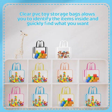 Six Pack Large Toy Storage Bags PVC Waterproof Organizers With Zipper And Handle displayed on shelves with toys inside