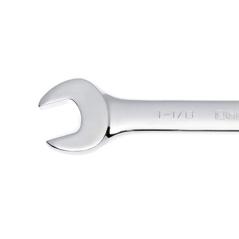 Close-up of 5 Piece 12 Point Ratcheting Combination Wrench Set SAE With Off Corner Box End And Thin Profile For Tight Spots In Auto Shop Home